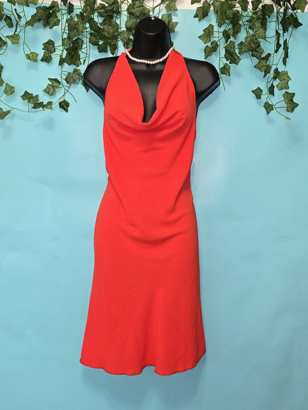 See You Monday Red Cowl Neck Halter Midi Dress